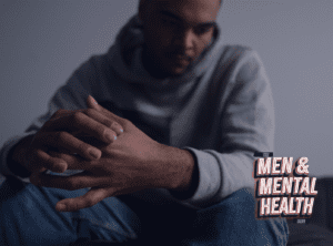 Man looking somber and the Men and Mental Health logo