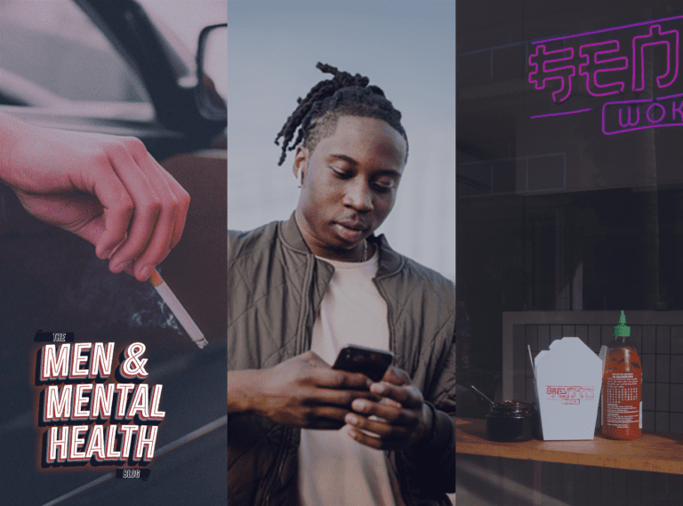 Men & Mental Health logo, cigarette, phone, fast food